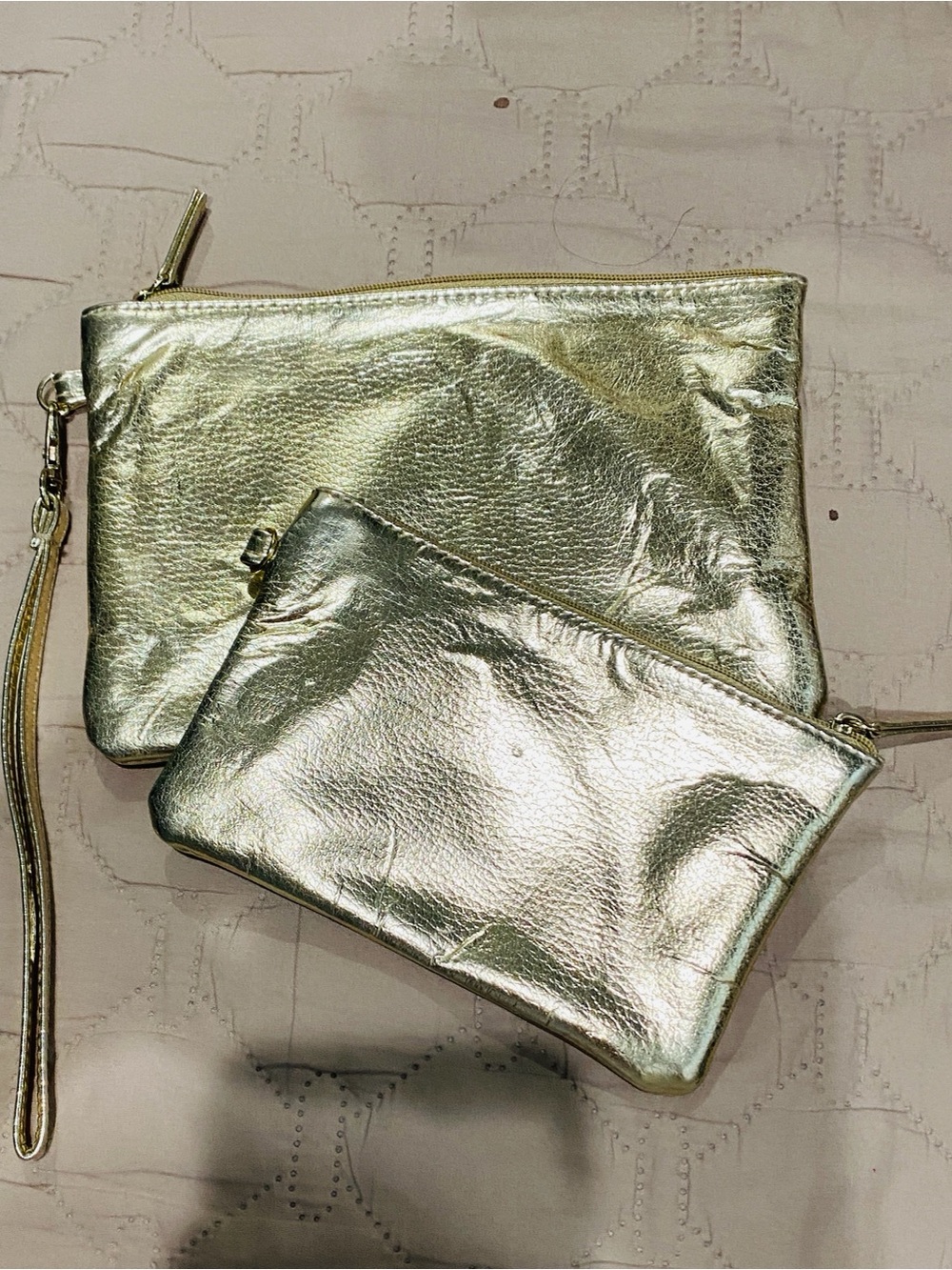 2- Gold Tone Metallic Women's Zip Clutch Bag